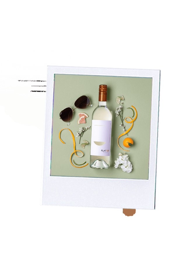 polaroid with wine chardonnay bottle and decoration