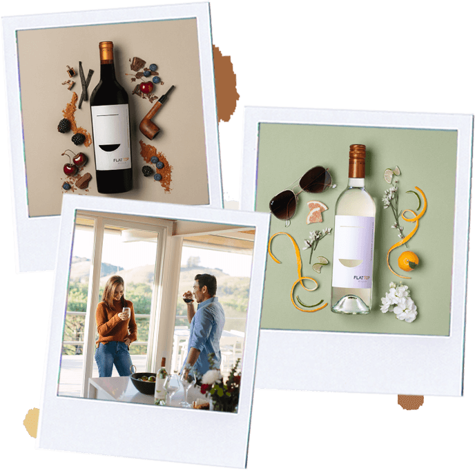 three polaroids, two wine bottles and people standing 